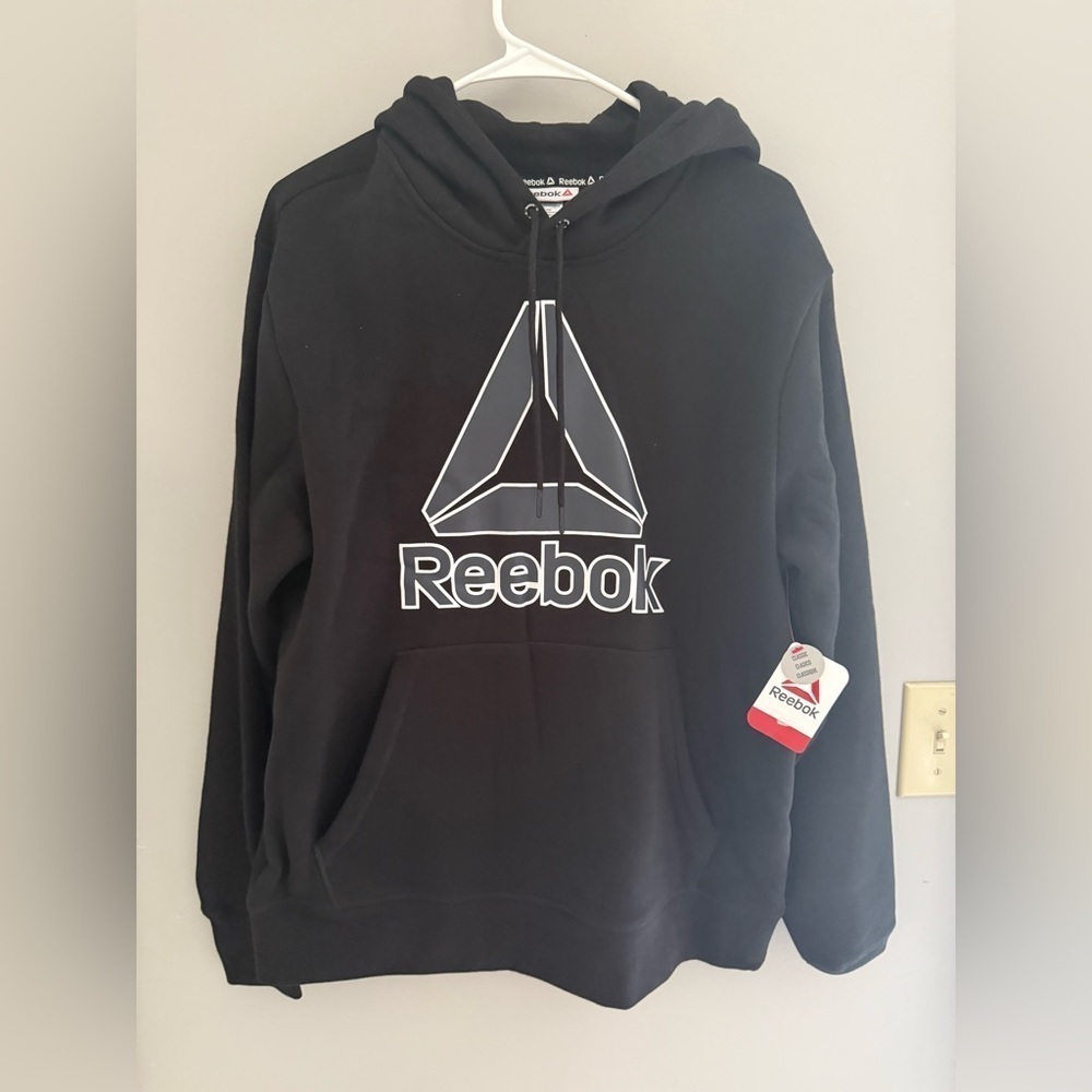 Reebok Mens Hoodie SZ MD Black Grey Fleece Lined Front Pocket New Warm Casual